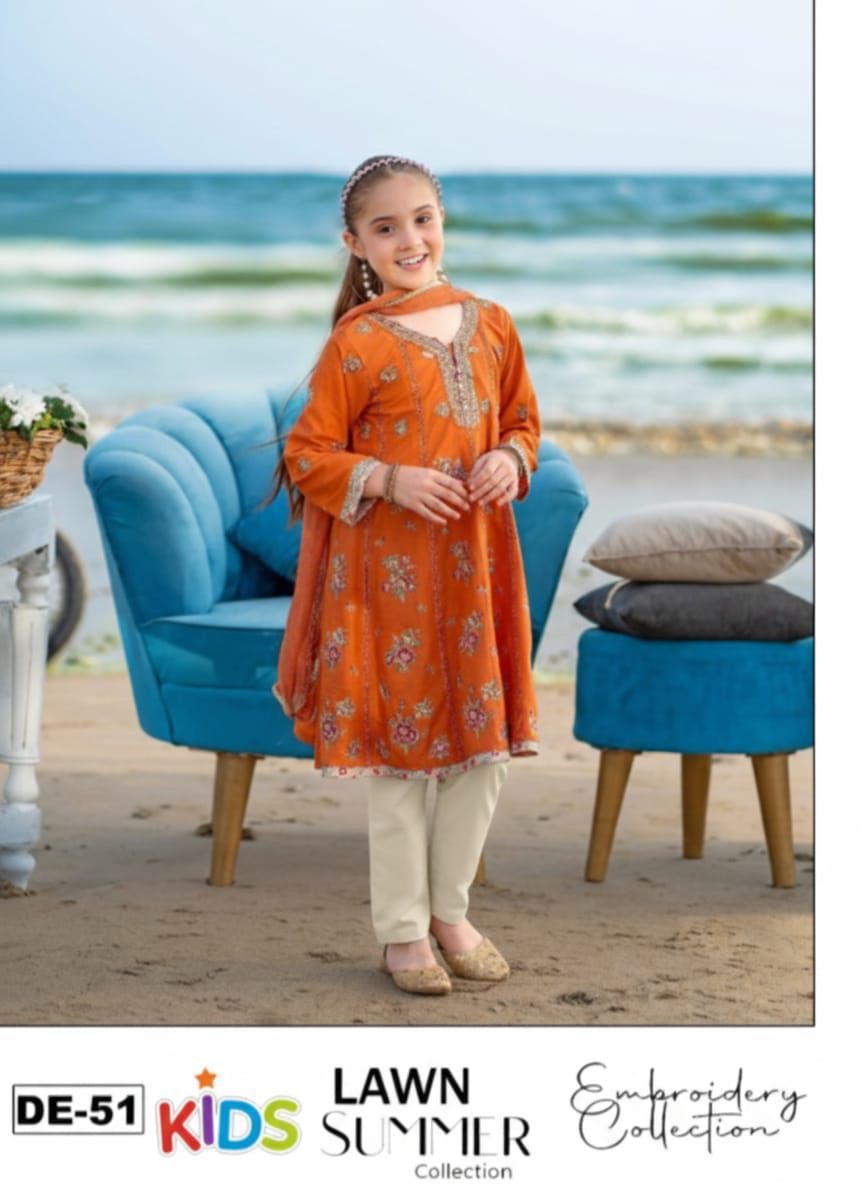Kids Lawn Eid Collection 3 Piece Embroidered Girls Suit