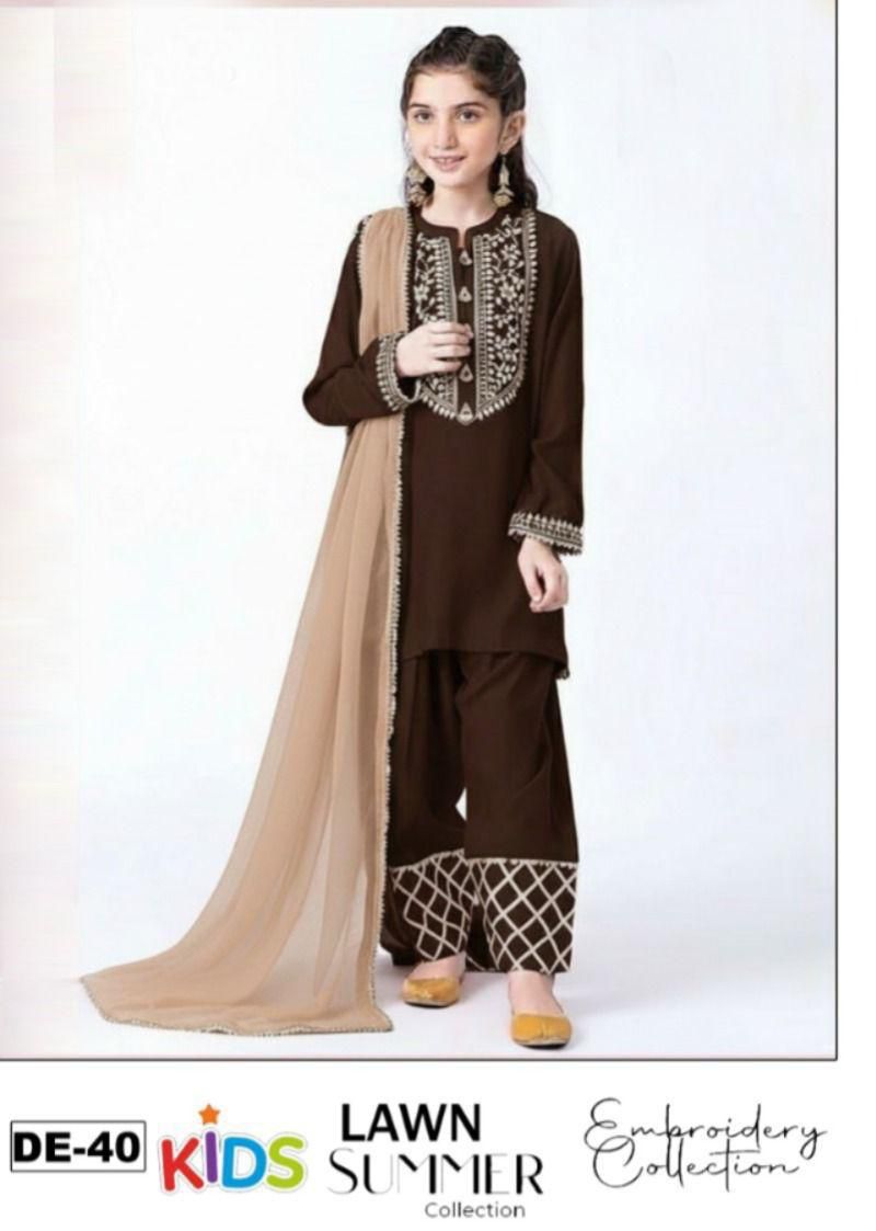 Kids Lawn Eid Collection 3 Piece Embroidered Girls Suit
